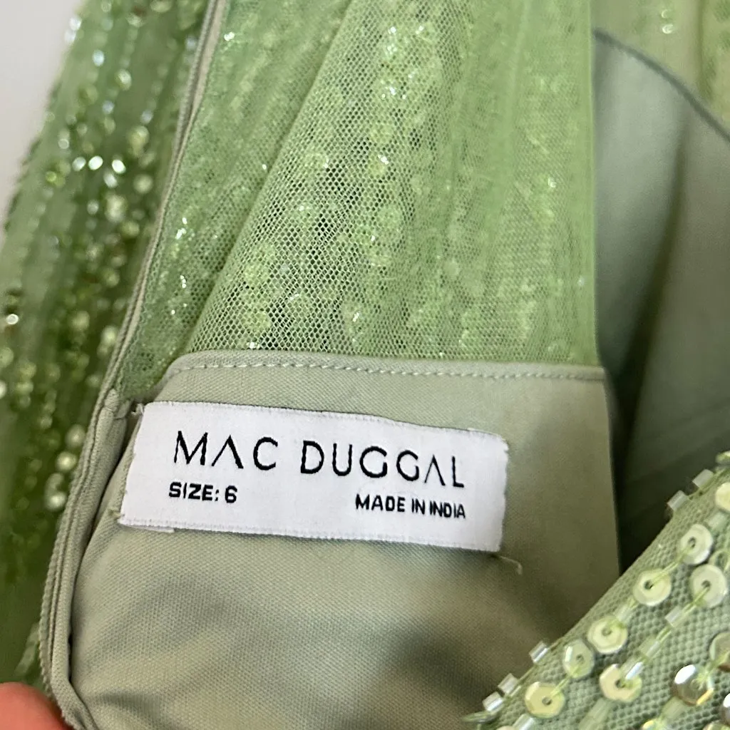 MAC DUGGAL Green Illusion High Neck Long Sleeve Embellished Gown Sage Size US 6 - Image 13