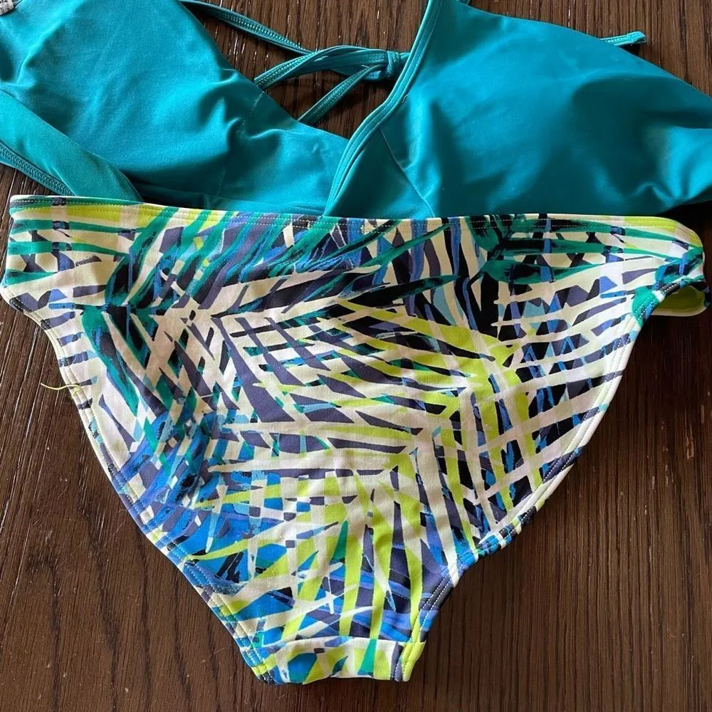 Teal Lime Green Tie Back Bikini Set, M - Image 5