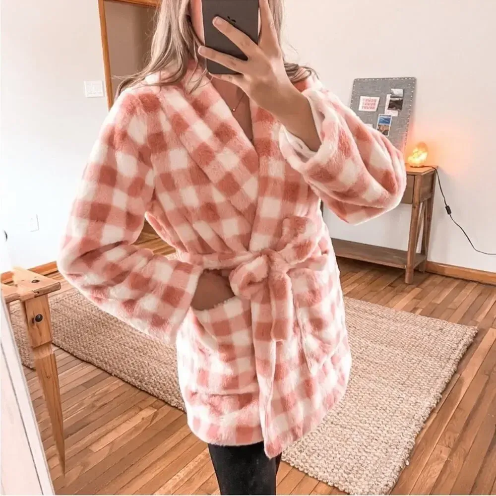 APPARIS Rare Gingham Check Teddy Coat with‎ Tie Waist Pink Size L - Image 6