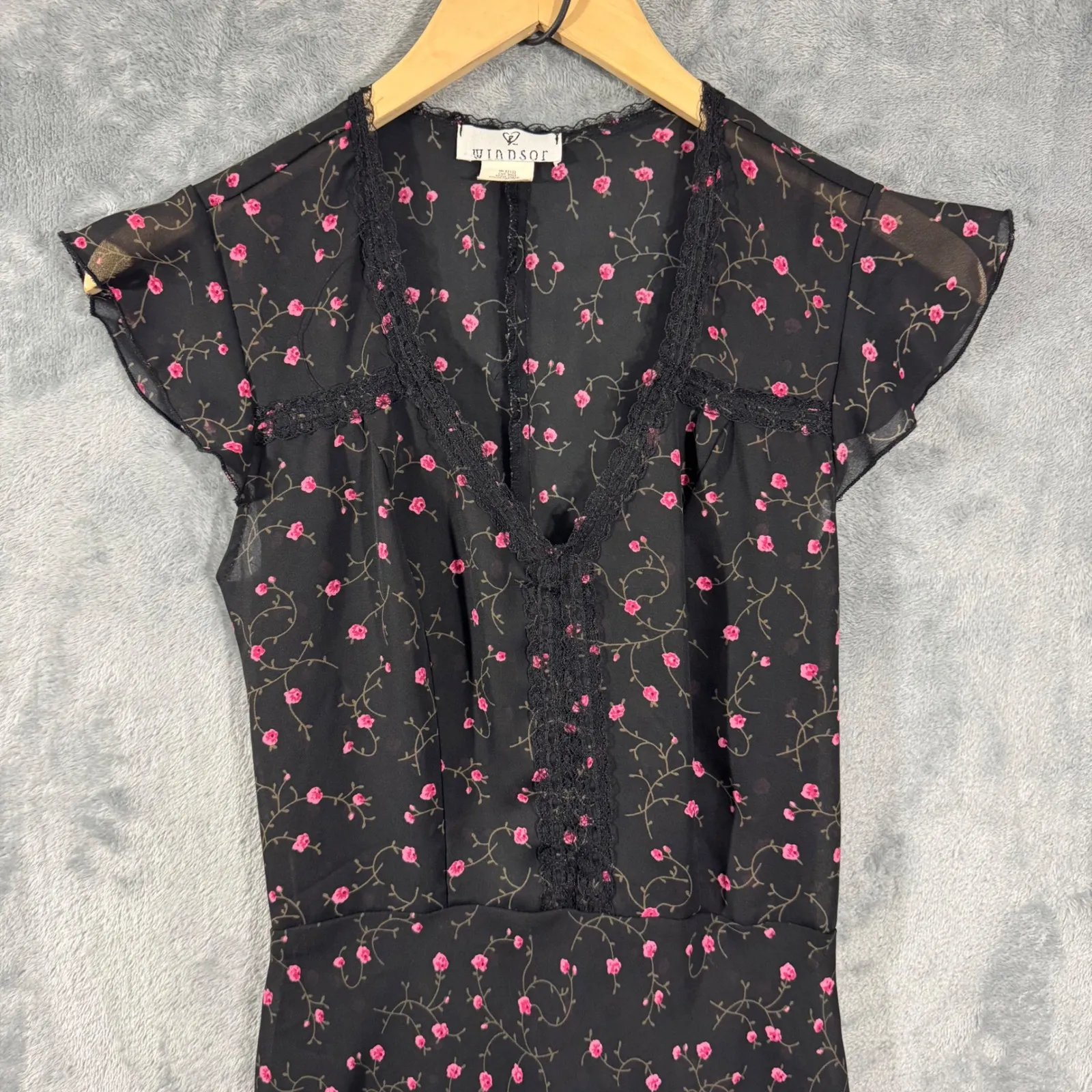 Vintage Windsor Black Floral Print Lace Trim Flutter Sleeve Midi Dress Size S - Image 3