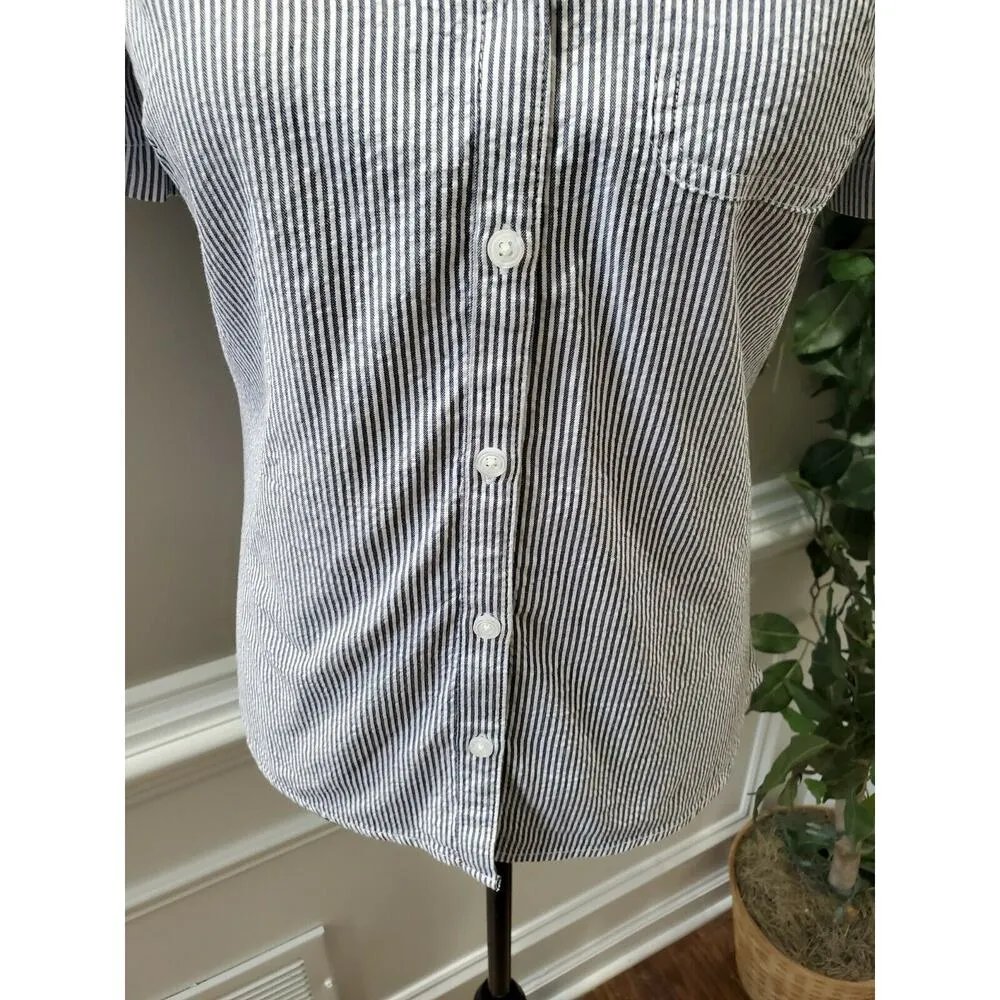 Karen Scott Women Blue / White Cotton Collared Short Sleeve Button Down Shirt PS - Image 4