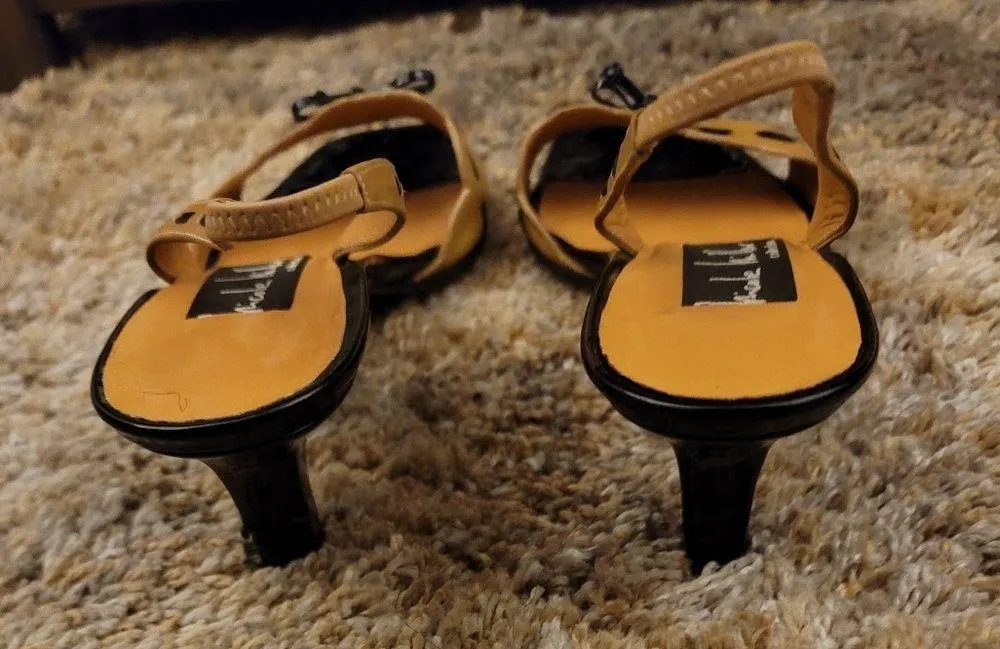 🔥SALE🔥Nicole Miller Tan Black Open Toe Sling Back Heeled Sandals 9 - Image 8