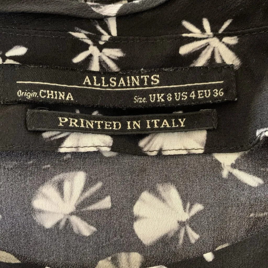 AllSaints Black White Silk Floral Stud Top US 4 UK 8 Sleeveless Printed In Italy - Image 3