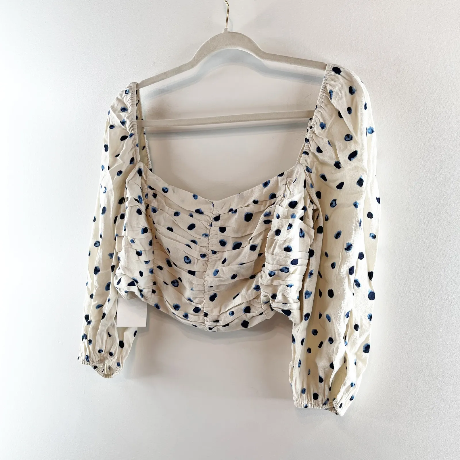 Wilfred Puff Sleeve Polka Dot Crop Lolita Blouse Birch Classic Navy Large NWT - Image 10