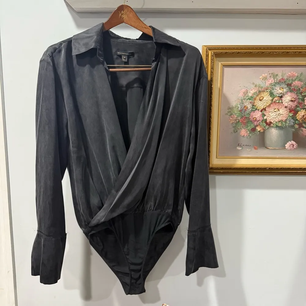 $428 Kiki de‎ Montparnasse Chameuse Charcoal Silk Bodysuit Women's Size M – Wrap Black Size M - Image 2