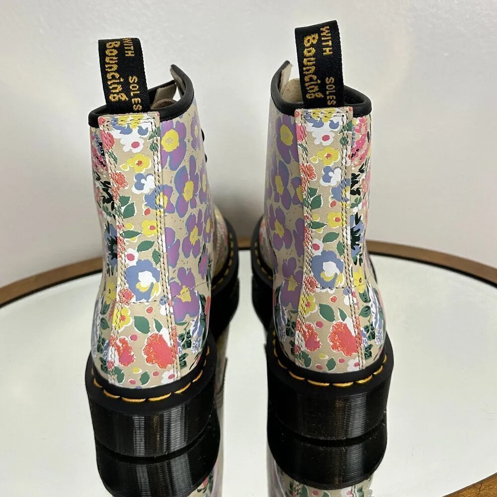 DR. MARTENS 1460 Floral Mash Up Leather Lace Up Boots Parchment Beige Backhand - Image 8