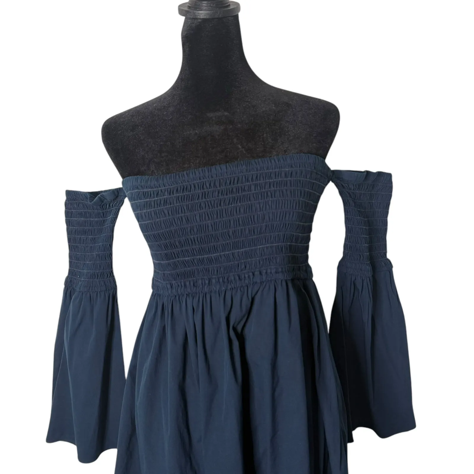 Milly Smocked Off The Shoulder Poplin Mini Dress‎ Size M Flared Bell Sleeve - Image 3