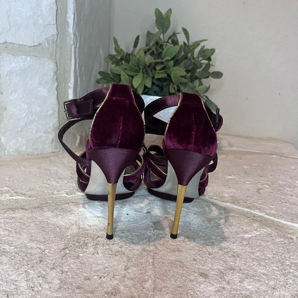 H by Halston burgundy suede w/gold trim strappy heels sz 6M - Image 7