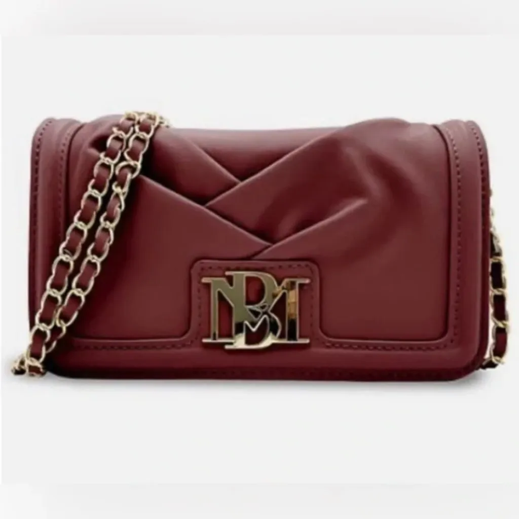 NWT Badgley Mischka Pleated Wine Crossbody Bag Snap Flap Gold Hardware - Image 2