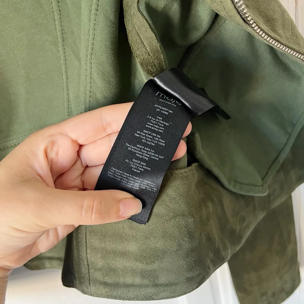 Maje • Basalt Suede Biker Jacket olive green leather moto asymmetrical zip front - Image 11