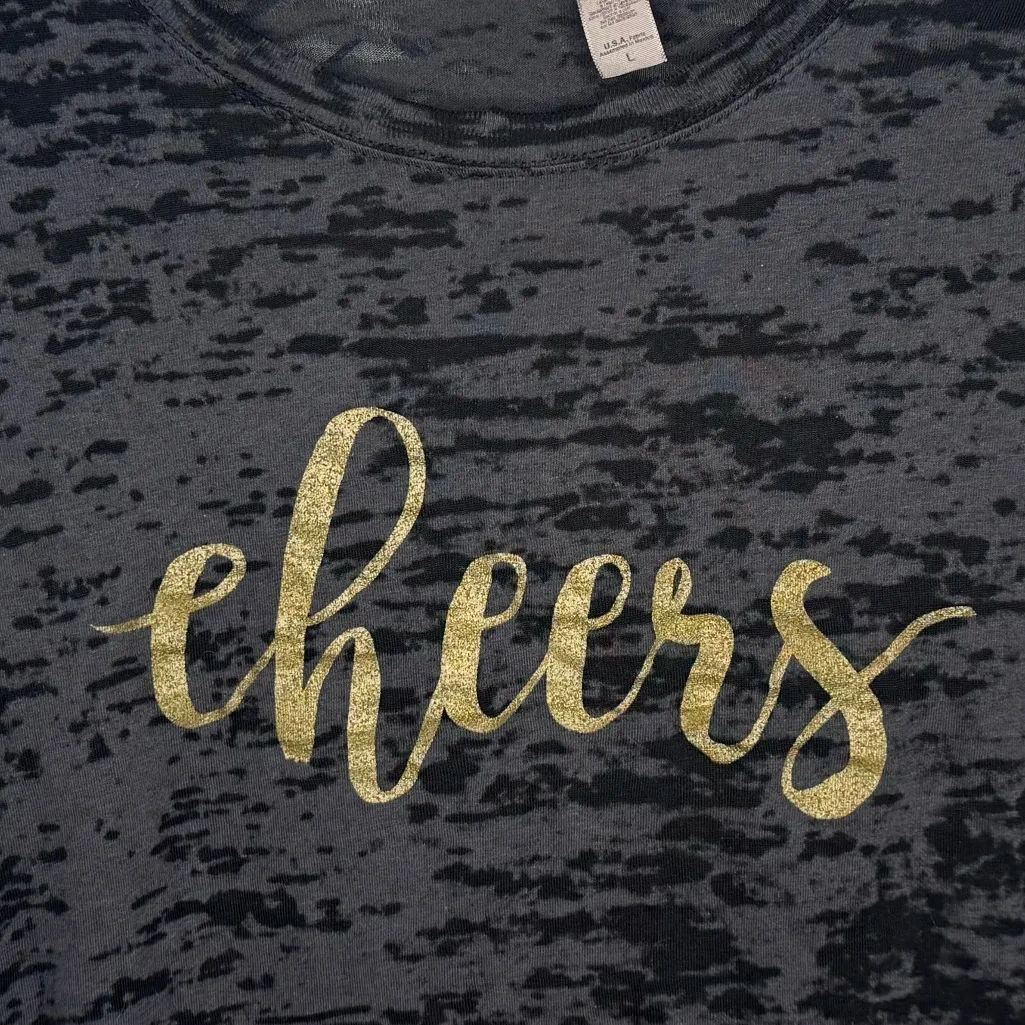 Black Burnout “Cheers” Graphic Tee Metallic Gold Festive Party Shirt Large Gray - Image 5