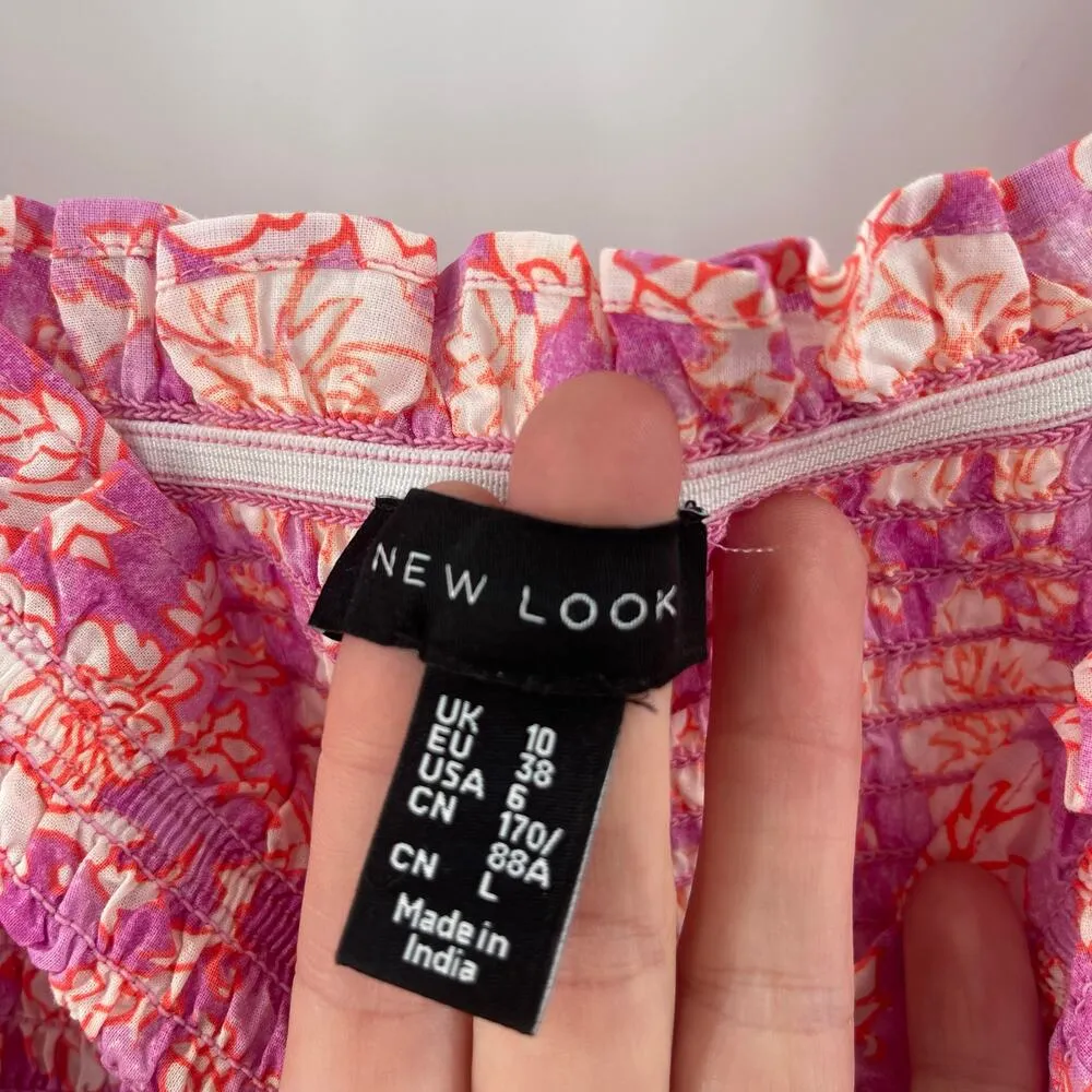 ASOS x NEW LOOK Dress Size 6 Smocked Floral Ruched Pink Orange Mini Sweetheart - Image 5