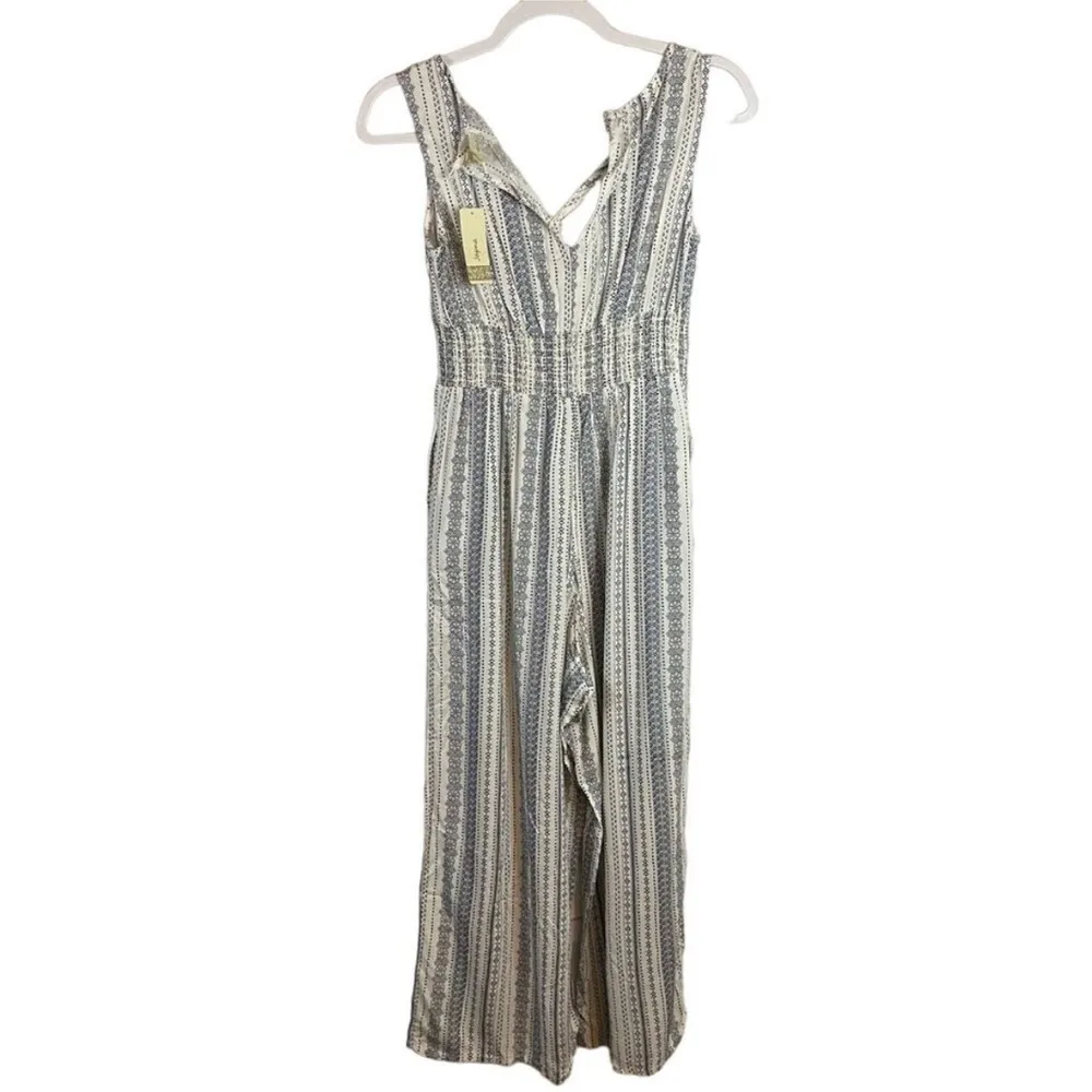 NEW! JAPNA Boho Blue Gray Ivory White Floral Striped Jumpsuit Empire Waist - Image 9