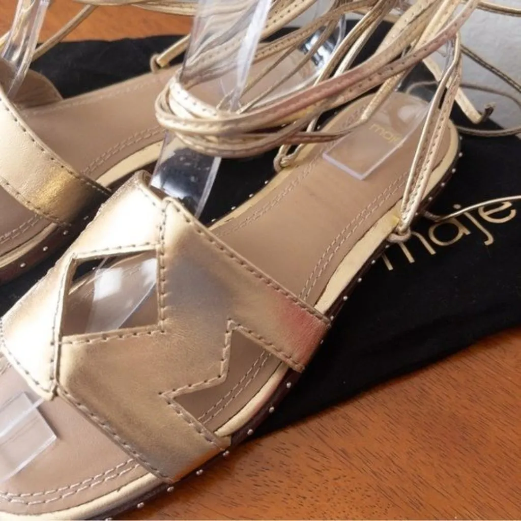 NWT Maje Fio Leather Metallic Ankle Tie Sandals 36 Gold 5.5 Cutout Lace Up Studs - Image 5
