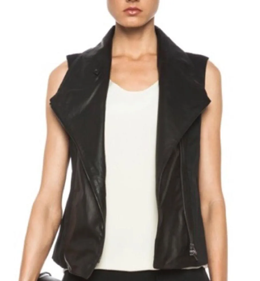VINCE Black Leather Trim Linen Blend Asymmetrical Vest - Image 3
