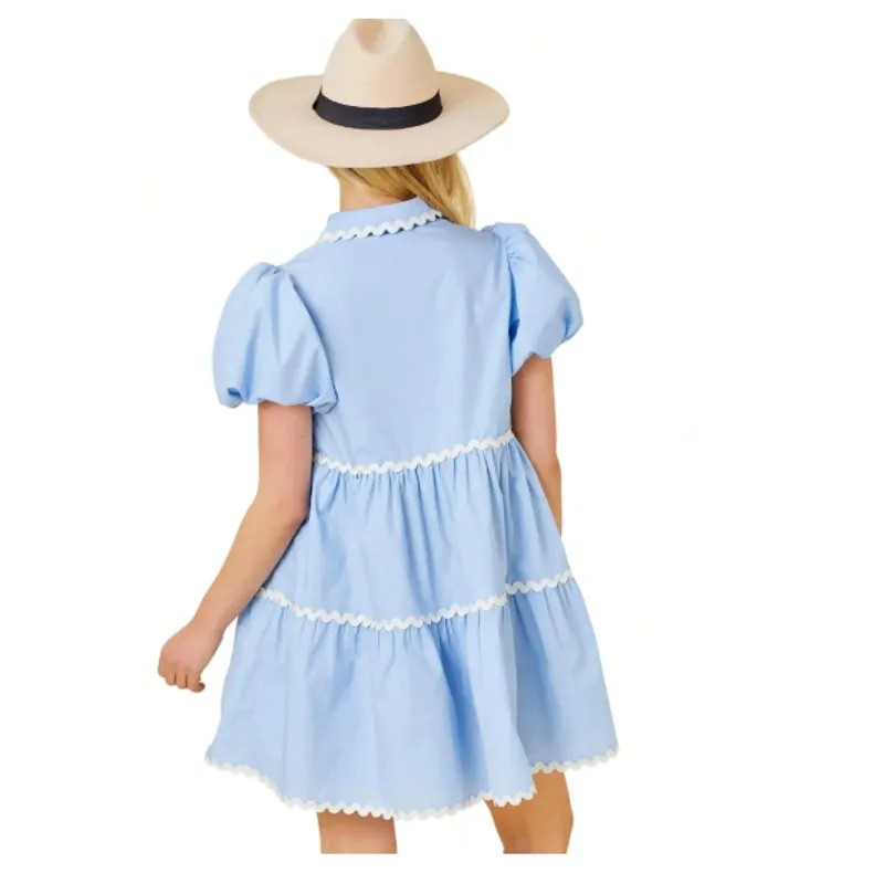 Mainstrip Puffed Sleeve Ric Rac Trimmed Solid Mini Dress‎ Blue Size Large - Image 3