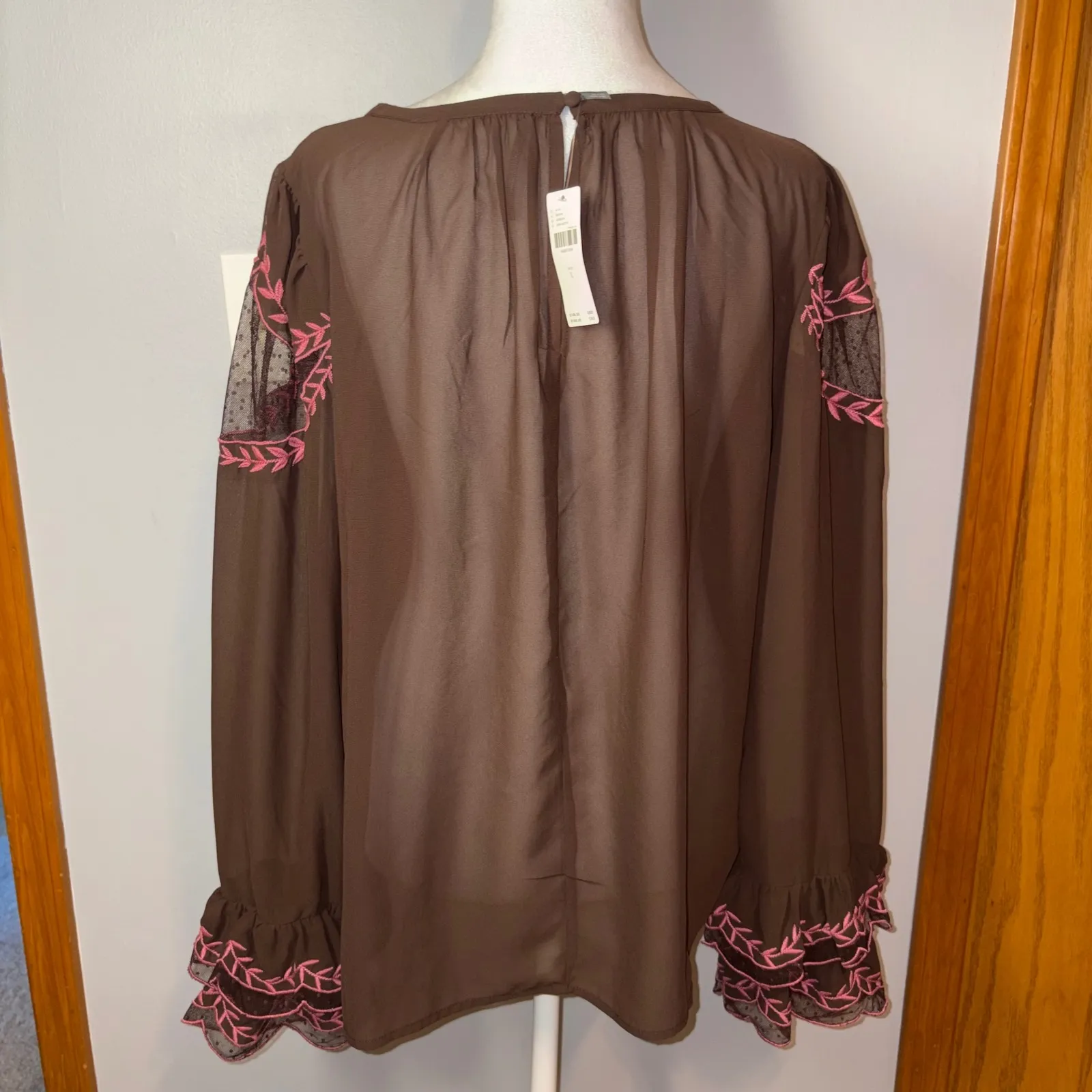 Anthropologie Long Sleeve Appliqué‎ Embroidered Sheer Brown Blouse Top Size L - Image 4