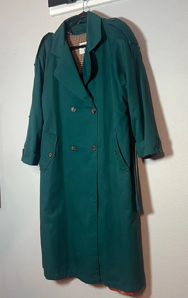 Vintage Double Breasted Trench Coat Womens Teal Green Size 12 Lined Long Belted - Image 1