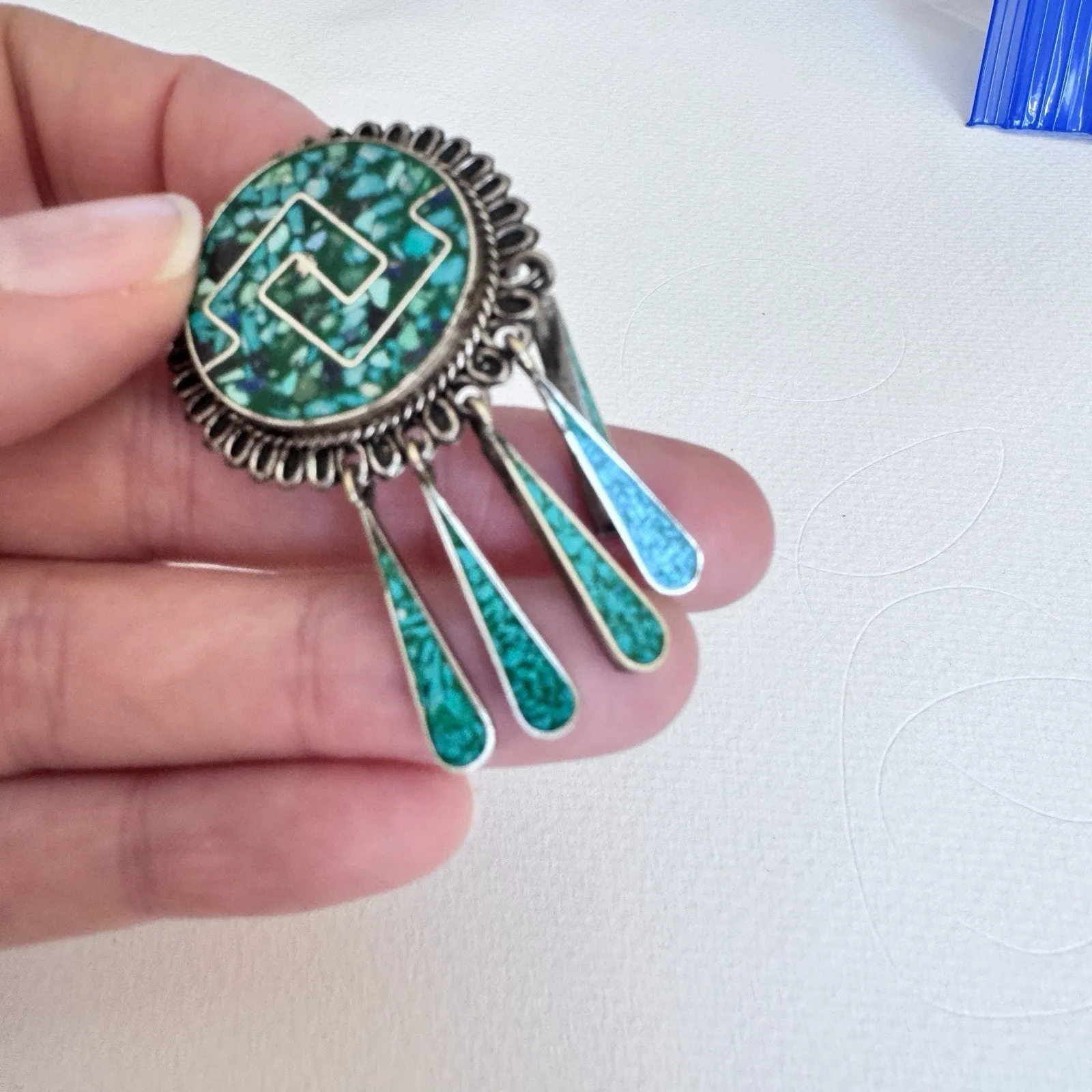 Vintage Mexican Alpaca Green Crushed Turquoise Dangle Brooch Pin Pendant Silver - Image 6