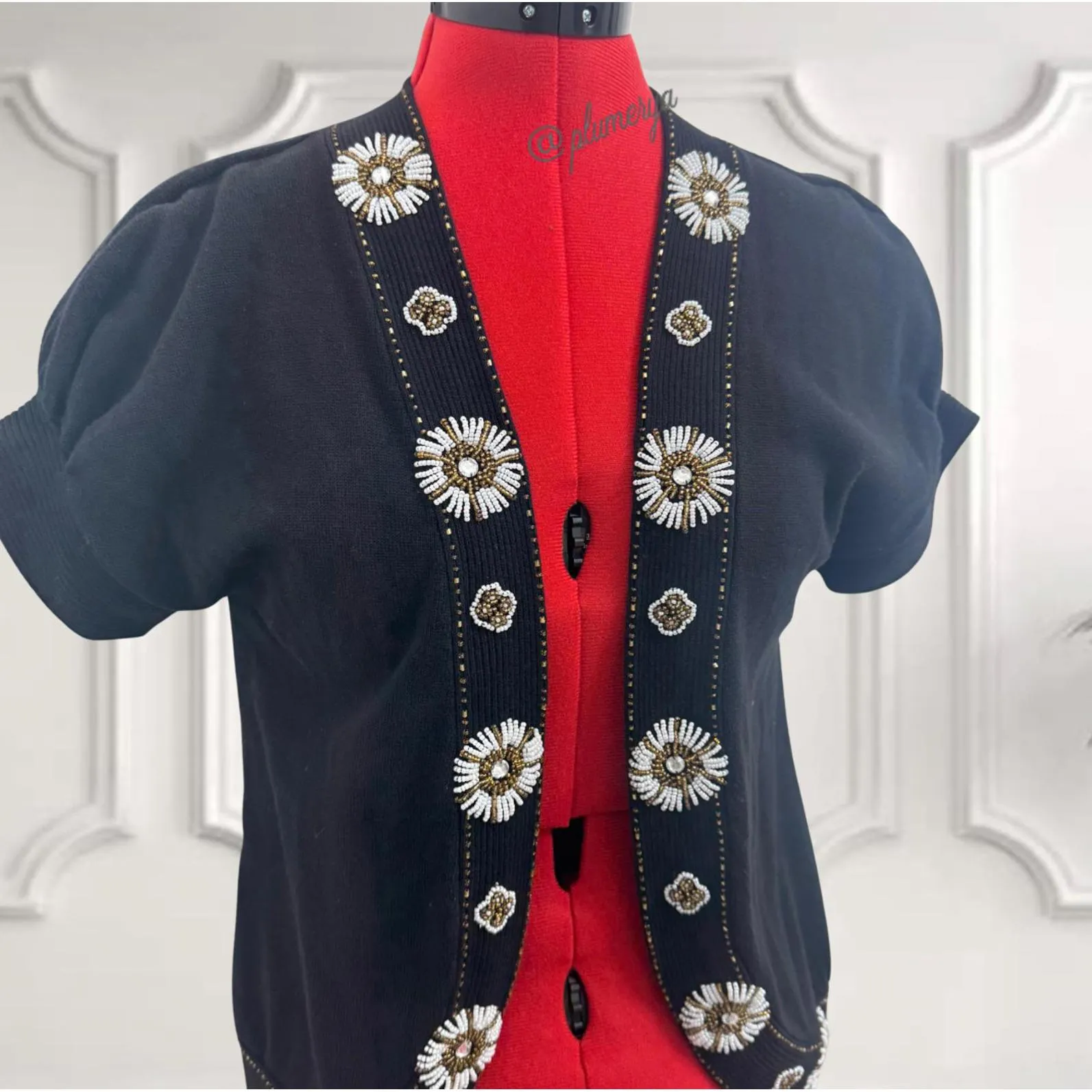 Vintage Christine Phillipe California Black Beaded 100% Cotton Cardigan Size S - Image 2