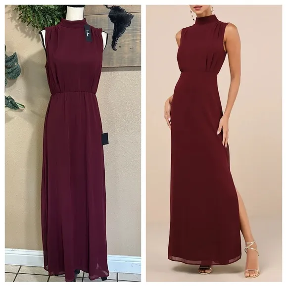 NWT Lulus Classic Elegance Plum Chiffon Sleeveless Mock Neck Maxi Dress Purple Size M - Image 2