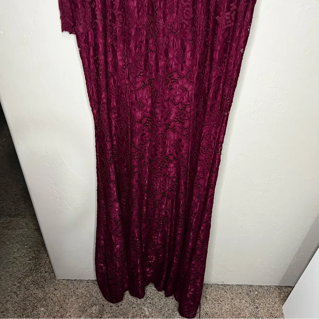 Burgundy Lace Floral Long Sleeve Off Shoulder Sweat heart Maxi Dress - Image 6