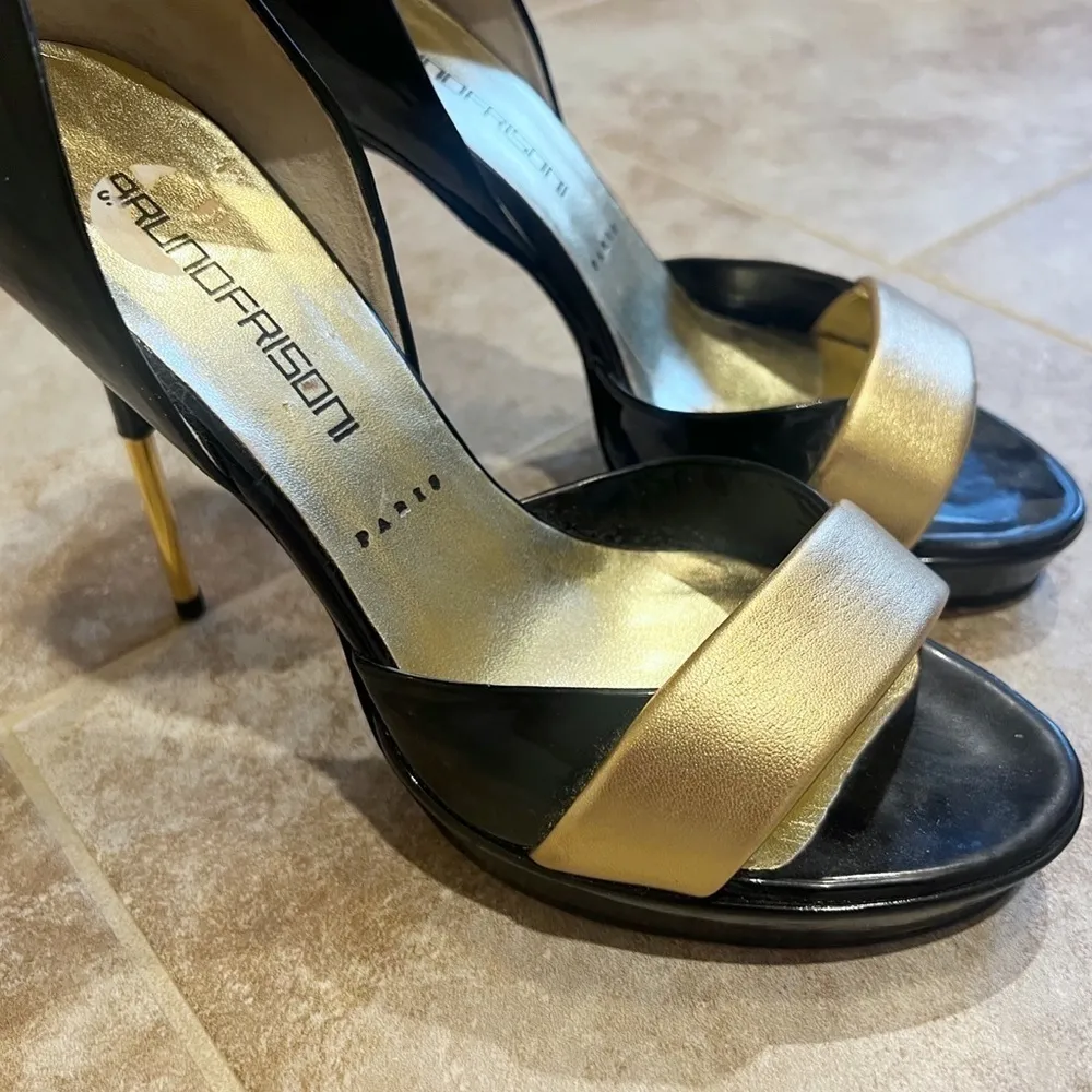 Bruno Frisoni d’orsay patent leather black & gold open toe stiletto heels 38 7.5 - Image 3