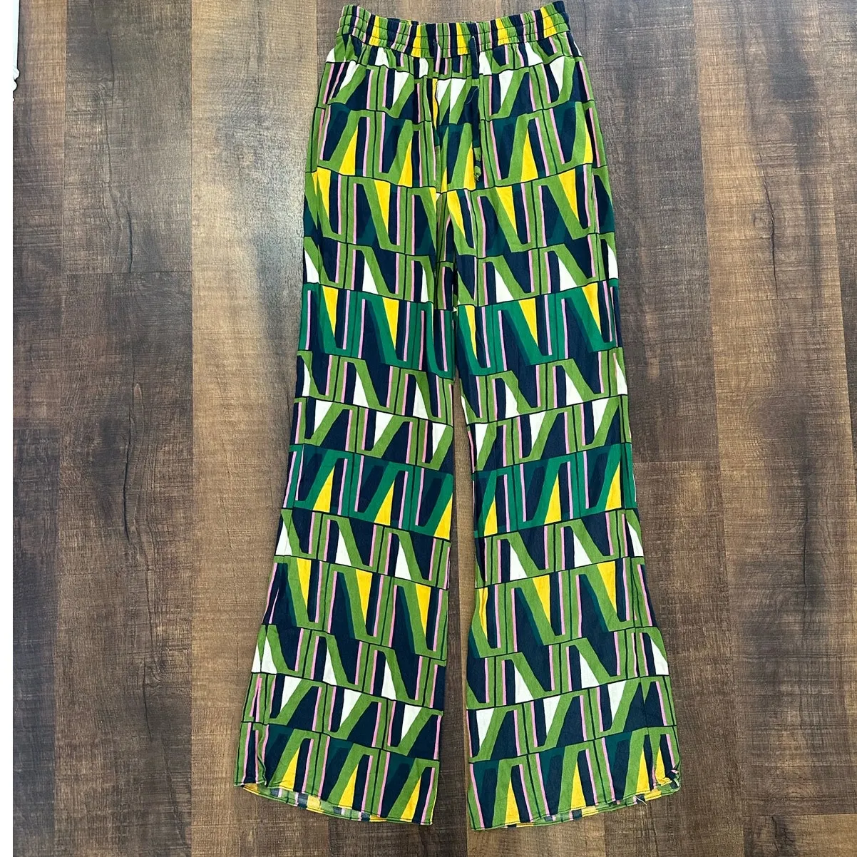 Zara Abstract Geometric Print Wide Leg Pants Green Yellow Pink Size Small - Image 8