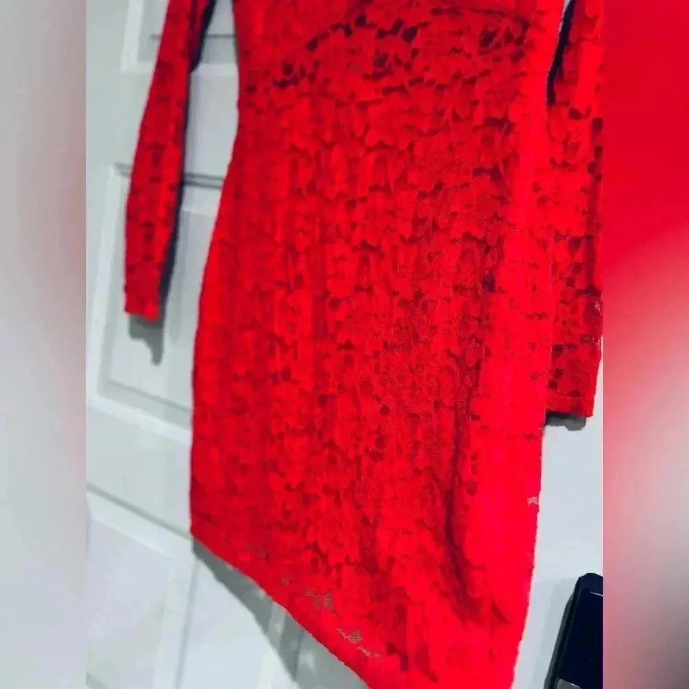 Express Red Floral Lace Bodycon Long Sleeve Mini Dress size medium - Image 13