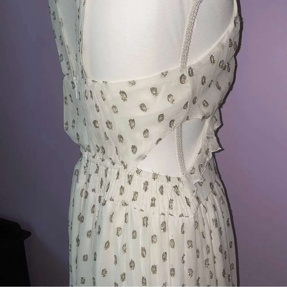 NEW En Creme Maxi Dress M Boho Metallic Polka Dot Cutout Ruffle Tiered - Image 9