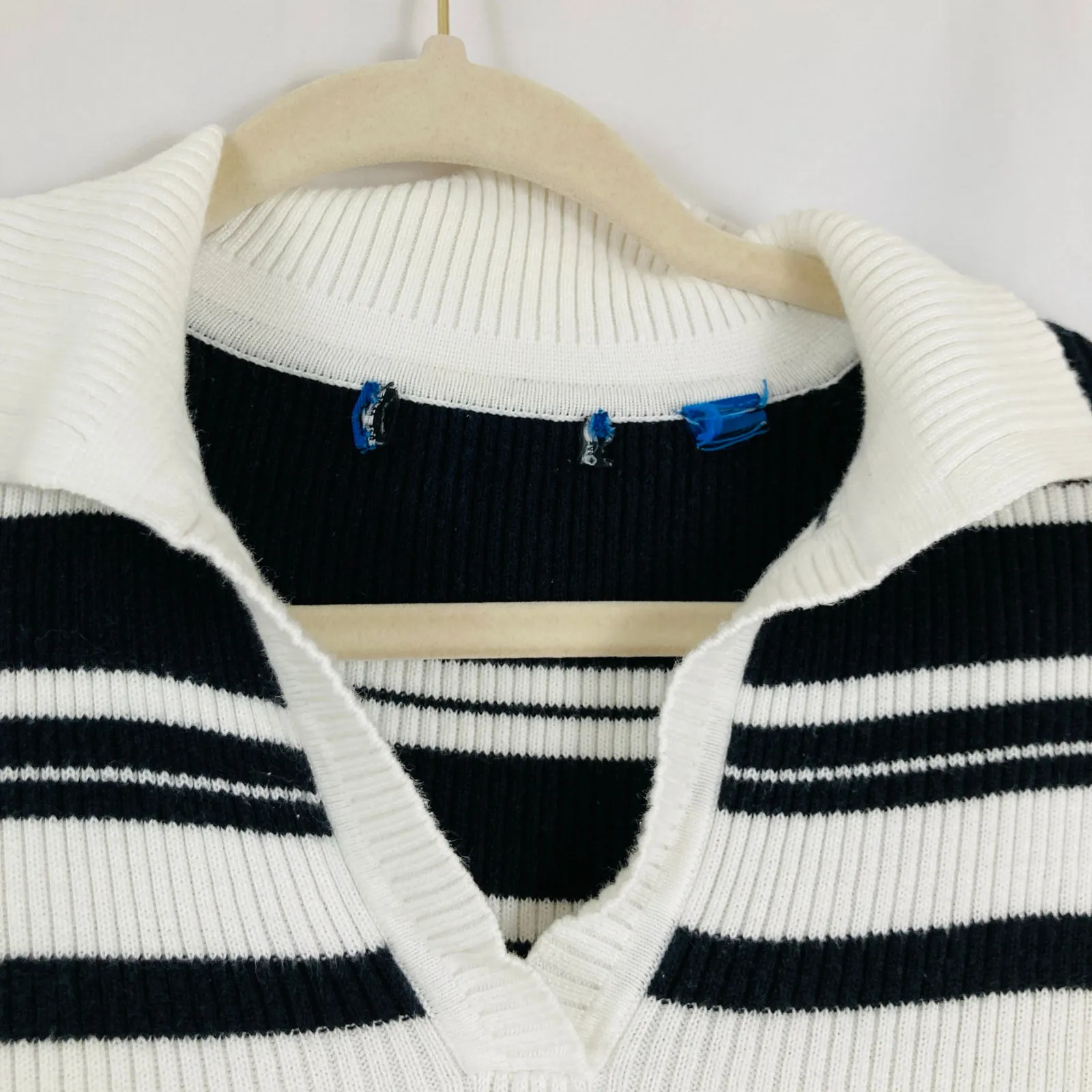 VTG Womens L White & Black Stripe Ribbed Polo Sweater Preppy 90s Old Money Retro Size L - Image 4