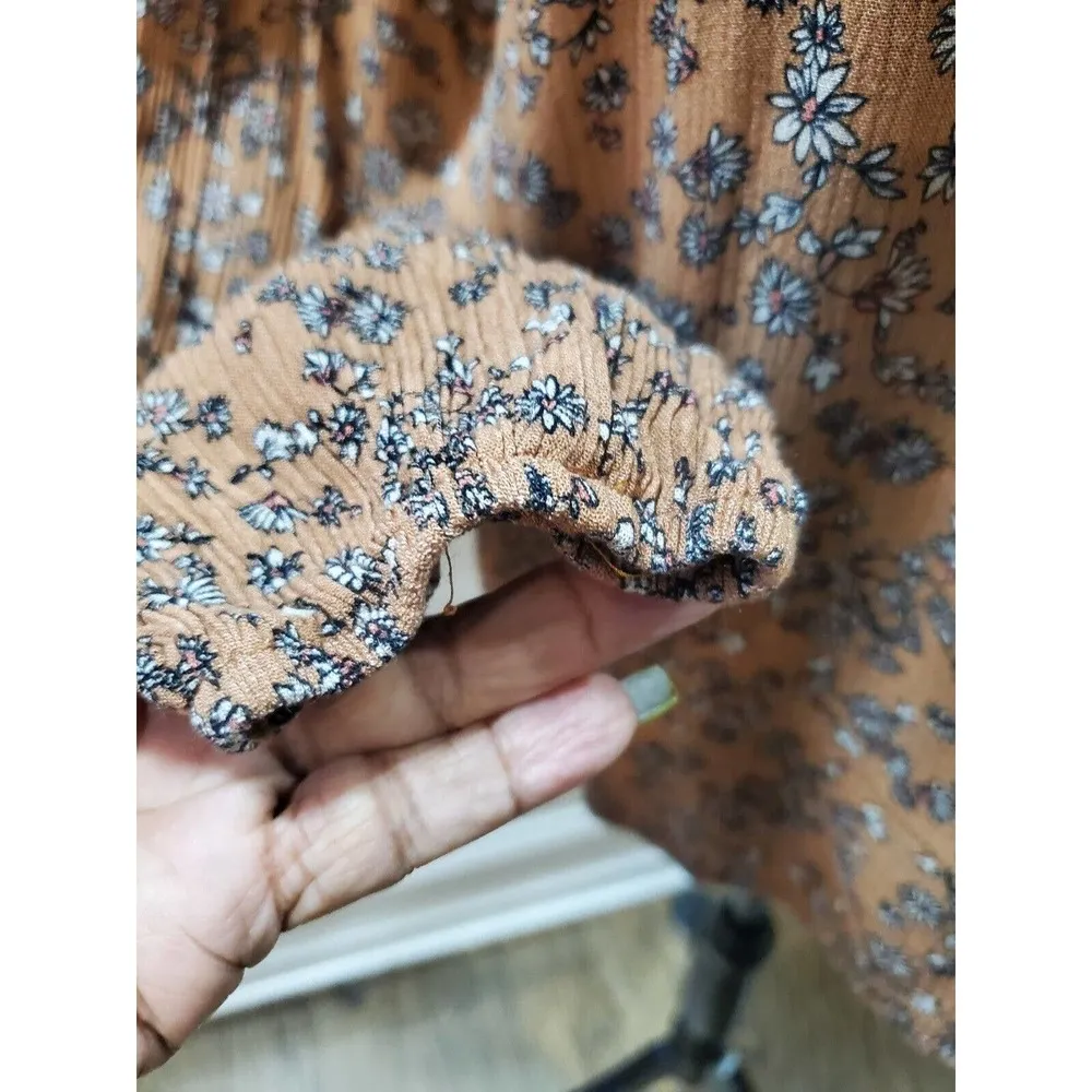 Final Touch Brown Peasant Floral Polyester Long Sleeve Tie-Up Top Blouse Size M - Image 5