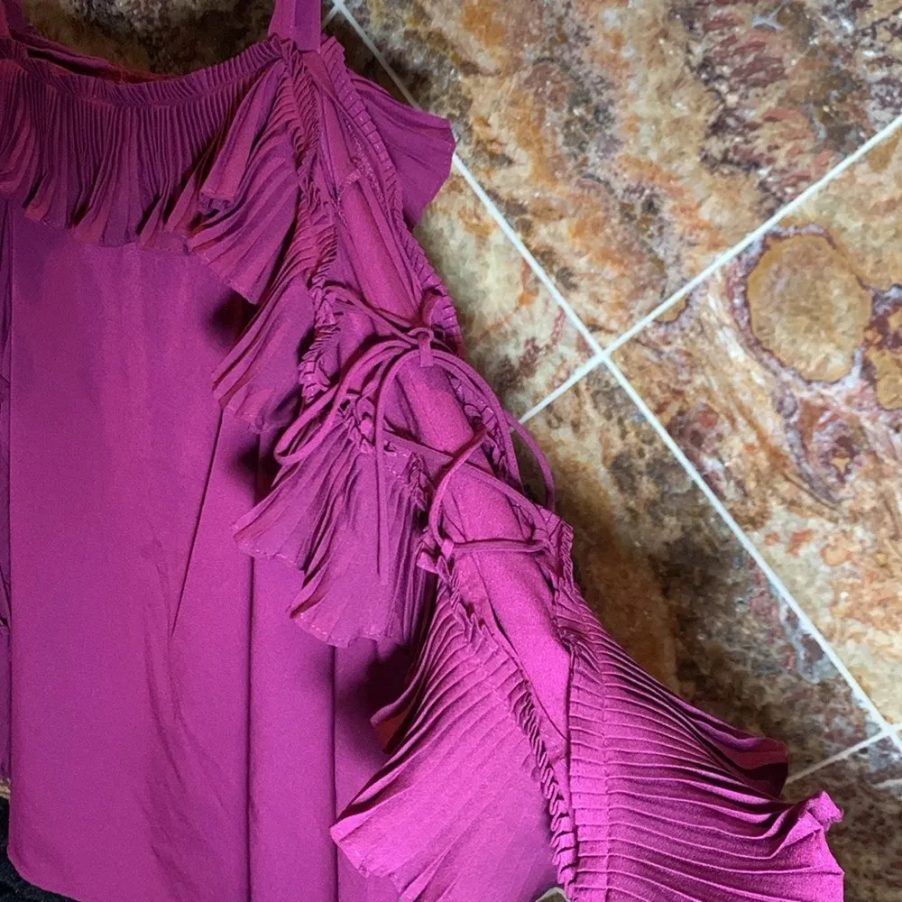 Women's Plus Size 22 Eggplant Ruffle Lace Up Sleeve Cold Shoulder Statement Top - Image 9