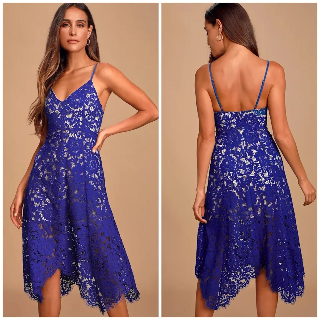 Lulus Royal Blue Lace Handkerchief Hem Midi Dress One Wish Women’s Small - Image 3