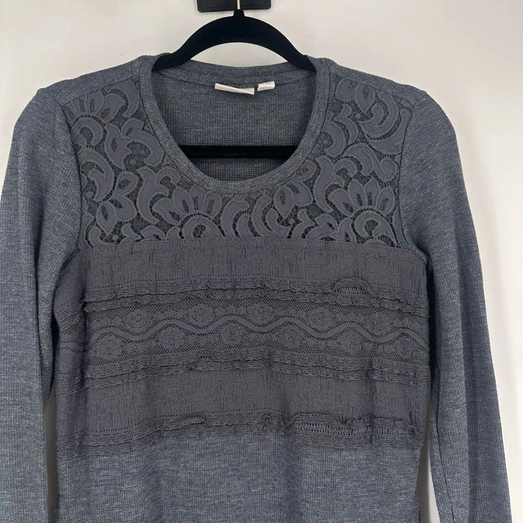 Logo Lori Goldstein Waffle Knit Shark Bite Lace Trim‎ Shirt Size XS Gray LS - Image 3