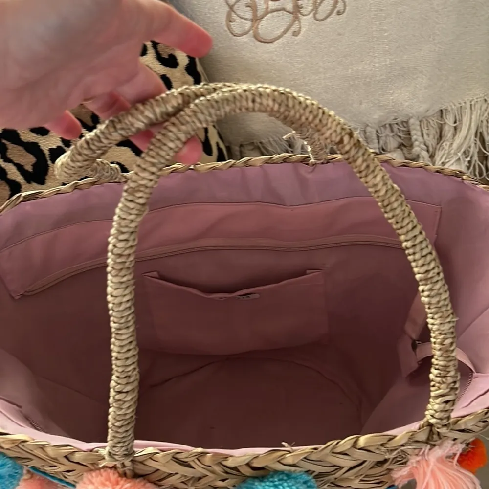 Molly Bracken straw tote with pom poms - Image 3