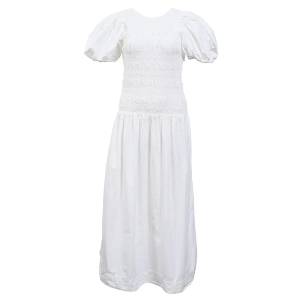 Ganni Smocked‎ Poplin Midi Dress in White Organic Cotton - Image 4