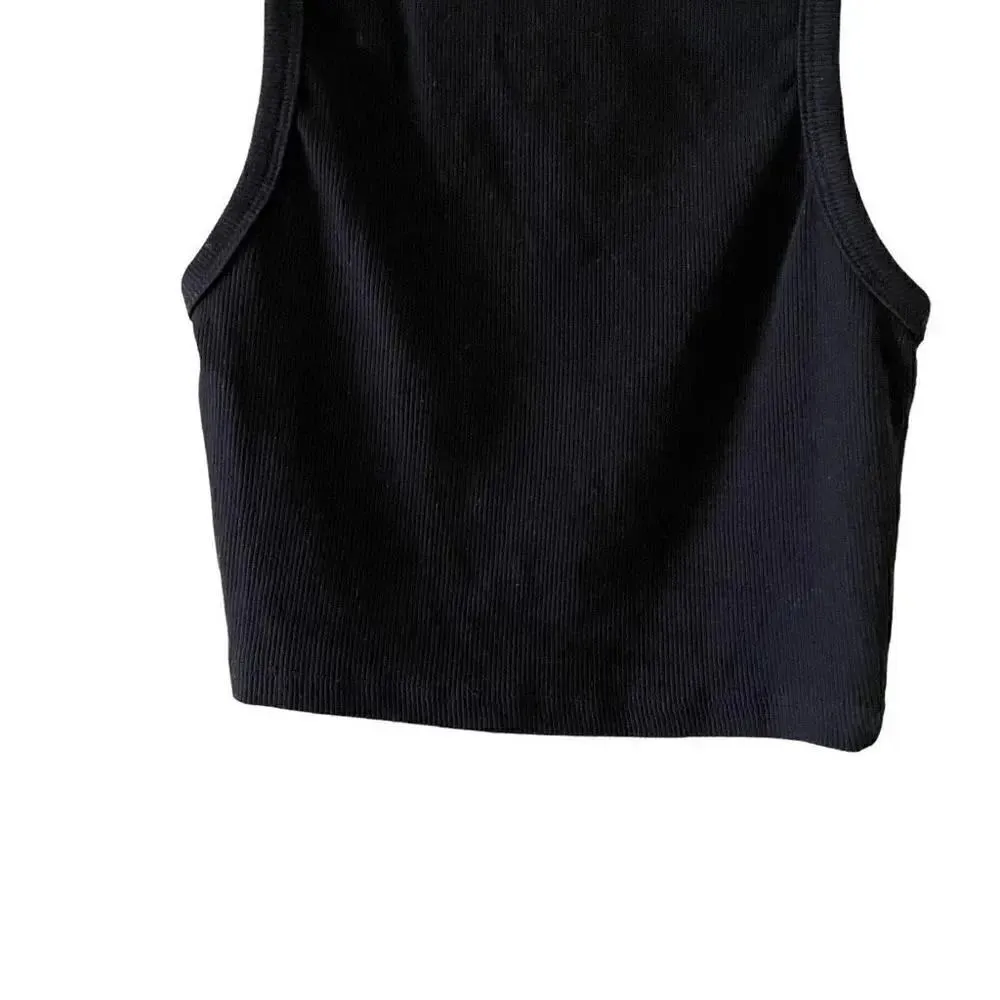 Zara Ribbed Mock Neck Black Racer Back Soft Cotton  Cropped Tank Top SZ S #1712 - Image 5