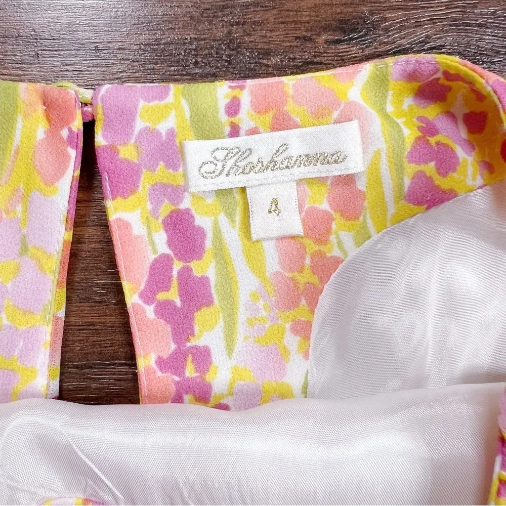 Shoshanna • floral mini dress fit & flare pink orange yellow flowy sleeveless - Image 4