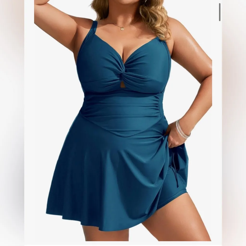NEW Hanna Nikole 1 Pc Swimsuit Swim Dress Tummy Control Push Up Bathing Suit 18W Blue - Image 5