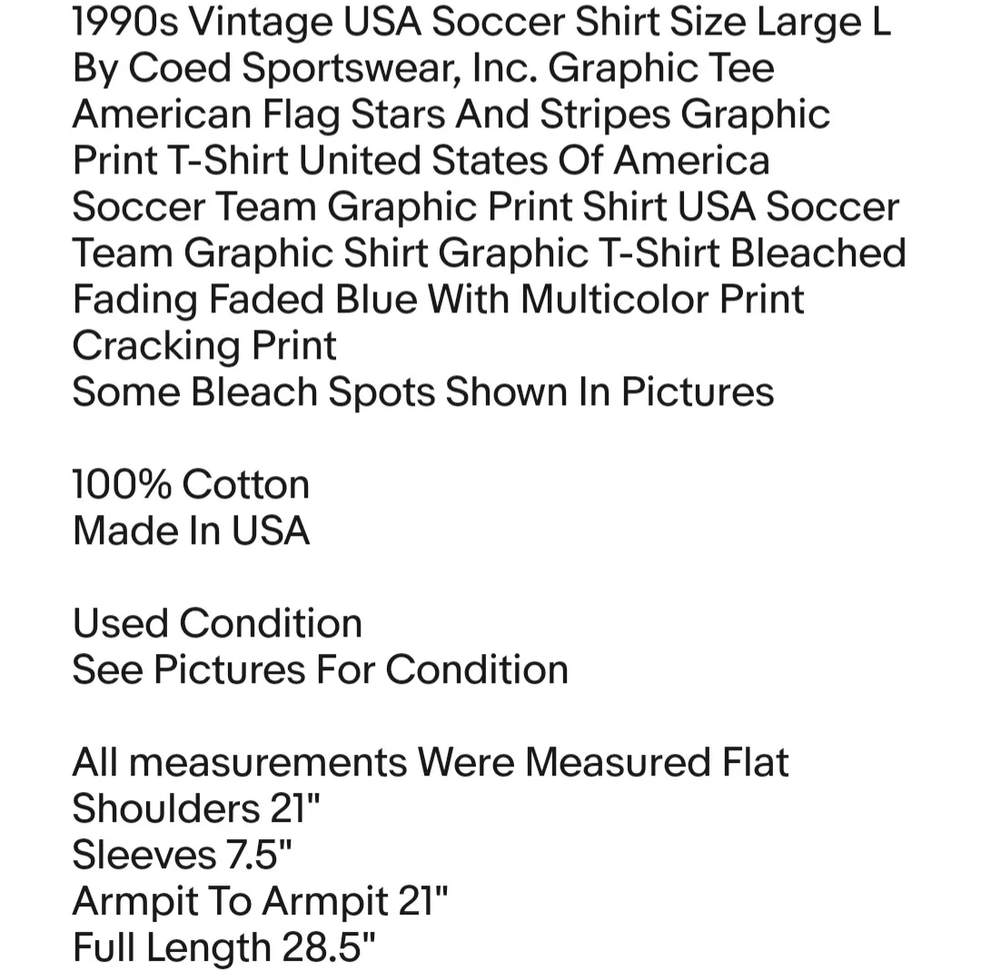 1990s Vintage USA Soccer Shirt Size Large L By Coed Sportswear, Inc. Graphic Tee American Flag Stars And Stripes Graphic Print T-Shirt Unisex T-Shirt  - Image 2