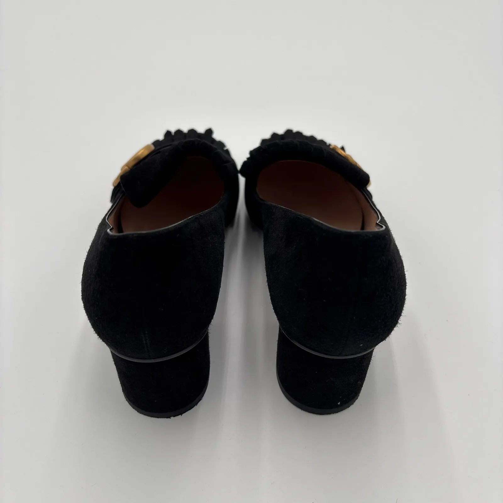 Gucci Marmont GG Fringe Kiltie Block Mid Heel Loafer Pumps Black Suede Size 37 - Image 7