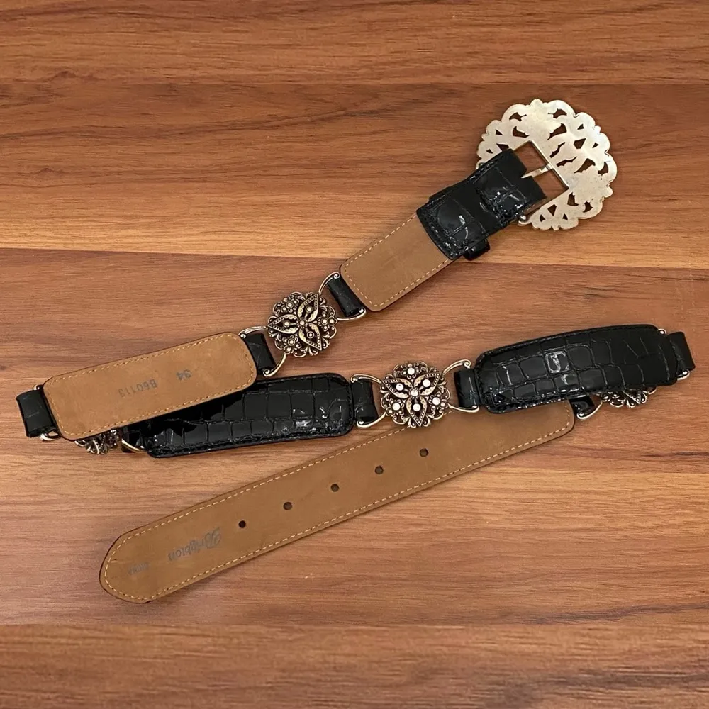 Vintage  B60113 Black Patent Leather Bling Crystal Embellished Belt 34 - Image 4