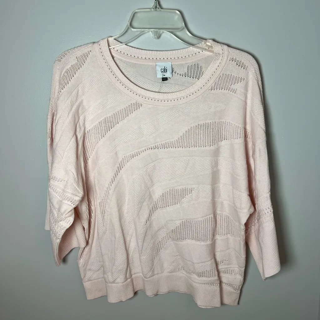 Cabi Shy Blush Pink Knit Pointelle 3/4 Short Sleeve Sweater Cotton Size M - Image 2