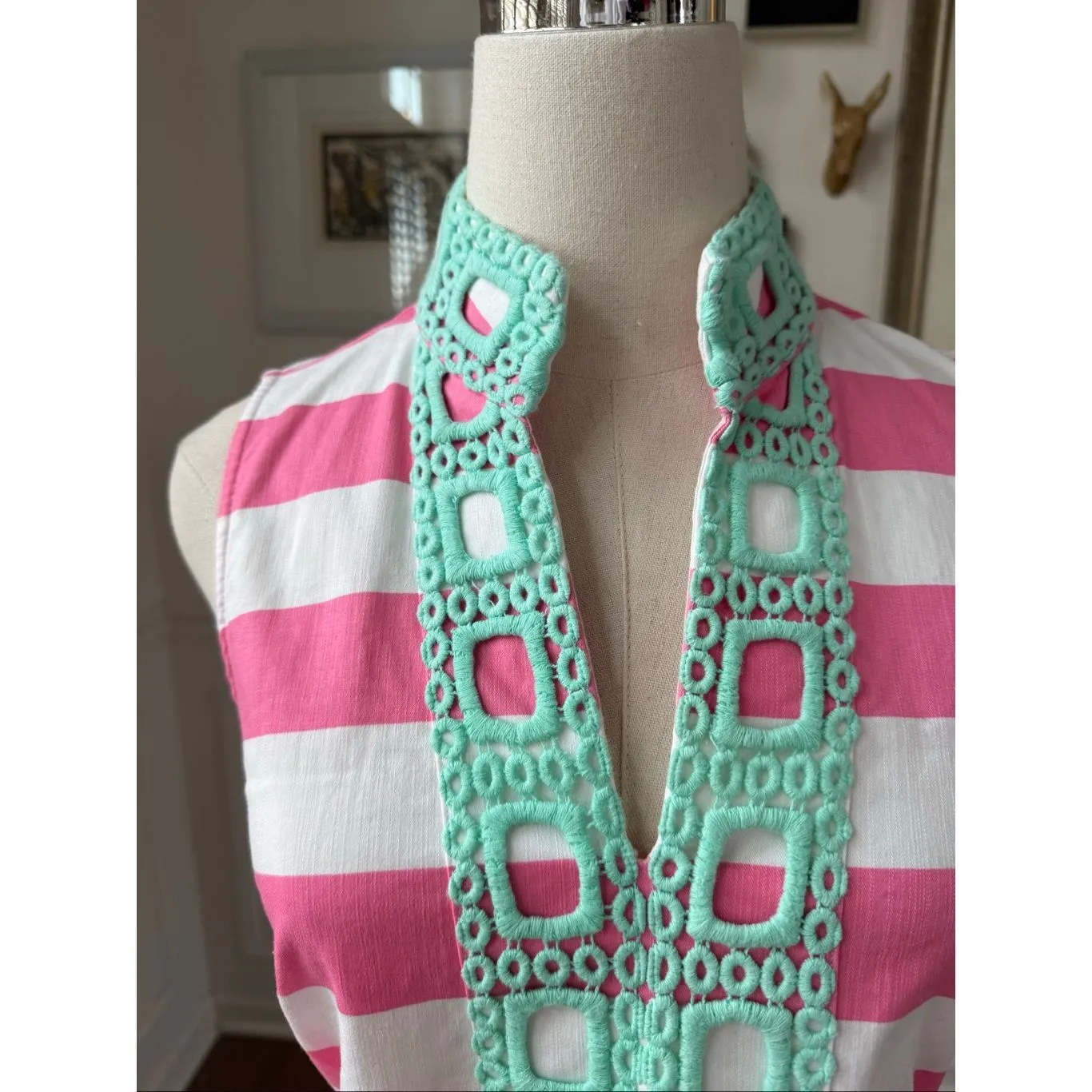 Sail To Sable STS Pink Stripe Sleeveless Classic Tunic Dress Seafoam Green Croch - Image 3