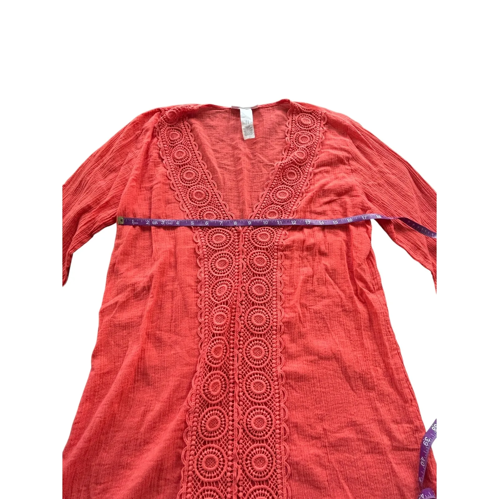 LA BLANCA Coral Crochet V Neck 3/4 Sleeve Tunic Cover Up Women's M - Image 3