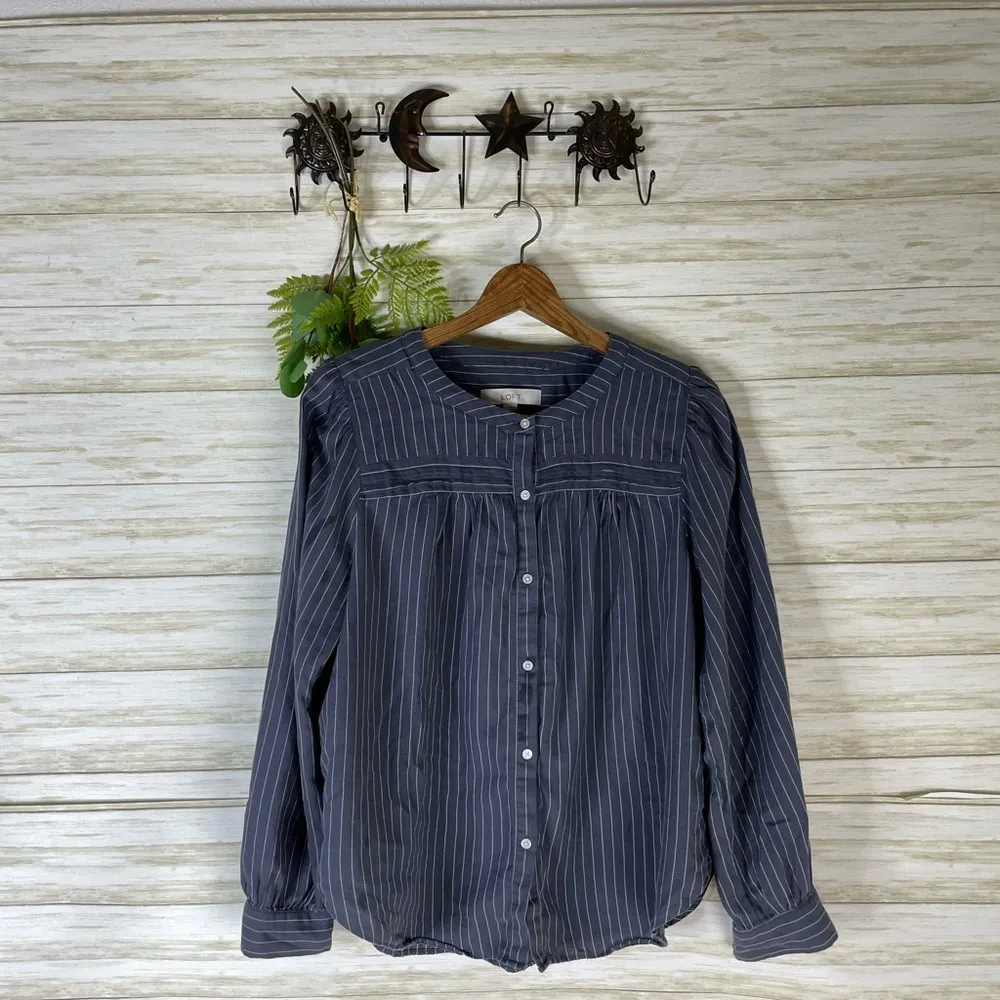 Loft Ann Taylor  Grey Vertical Pin Stripe Mandarin Collar Button Down - Image 2