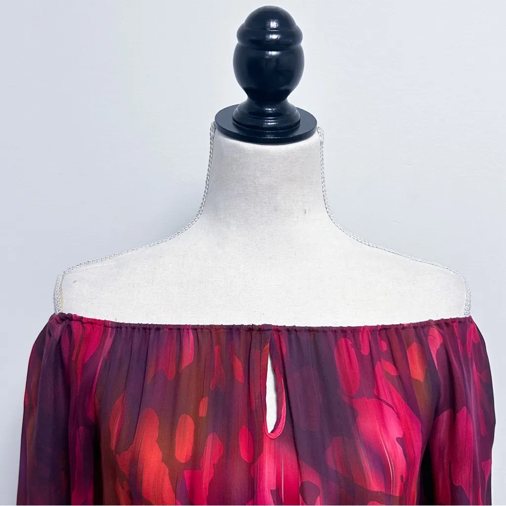 Alice Olivia Red Purple Orange Sheer Off The Shoulder 3/4 Bishop Sleeve Silk Top - Image 2