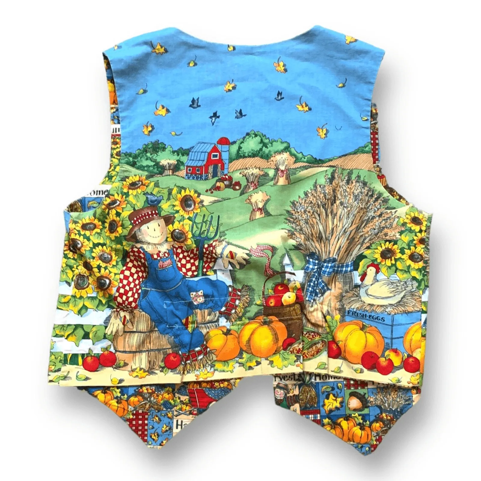 Vintage Handmade Reversible Vest Autumn Pumpkin Scarecrow Farmhouse Blue Orange Yellow Size M - Image 2