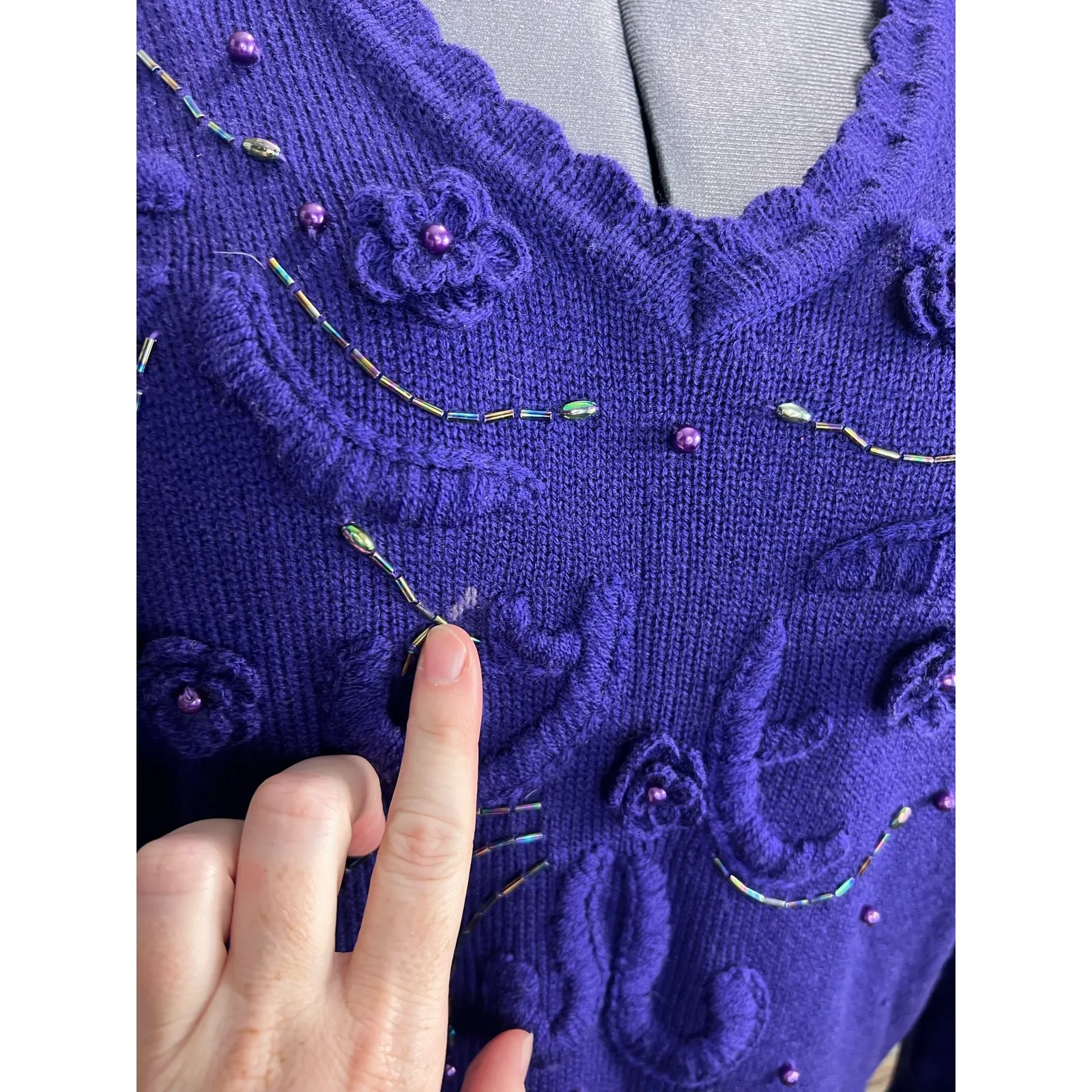 Sweater Dress beaded embellished glam 1980s shoulder pads purple Size M - Image 5